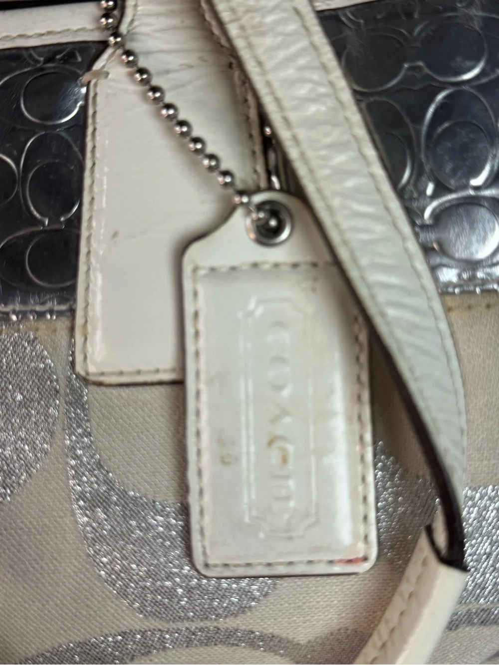 Coach Signature Metallic Silver Ivory Kisslock Satchel Handbag Purse